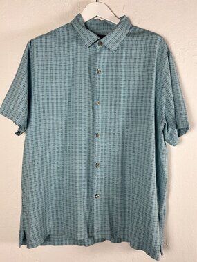 Tommy Bahama Mens Blue Plaid 100% Silk Short Sleeve Button-Up Shirt XXL Casual